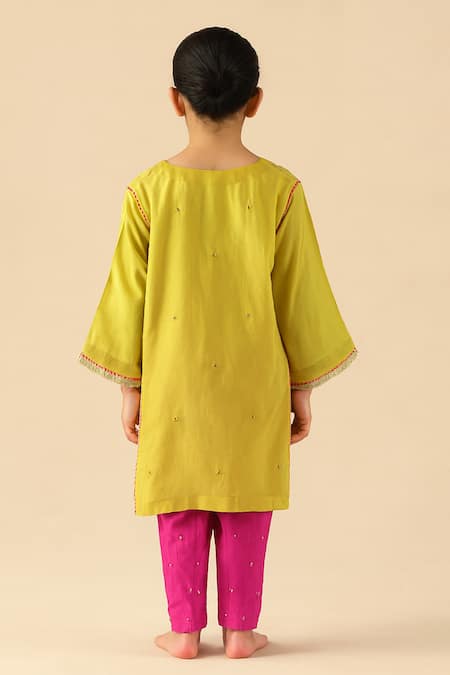 Shop Tiny Pants Lime Cotton Mirrors, Embroidery, Gota Patti Green Work Kurta And Pant Set at Aza Fashions Shop_Tiny Pants_Lime Cotton Mirrors, Embroidery, Gota Patti Green Work Kurta And Pant Set _at_Aza_Fashions