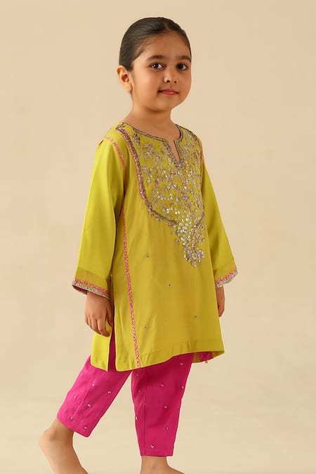 Buy Tiny Pants Lime Cotton Mirrors, Embroidery, Gota Patti Green Work Kurta And Pant Set Online at Aza Fashions Buy_Tiny Pants_Lime Cotton Mirrors, Embroidery, Gota Patti Green Work Kurta And Pant Set _Online_at_Aza_Fashions