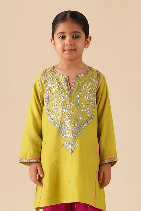 Shop Tiny Pants Lime Cotton Mirrors, Embroidery, Gota Patti Green Work Kurta And Pant Set Online at Aza Fashions Shop_Tiny Pants_Lime Cotton Mirrors, Embroidery, Gota Patti Green Work Kurta And Pant Set _Online_at_Aza_Fashions