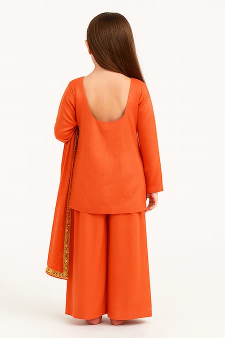 Shop Tiny Pants Orange Cotton Embroidery, Zari Kurta Palazzo Set at Aza Fashions Shop_Tiny Pants_Orange Cotton Embroidery, Zari Kurta Palazzo Set _at_Aza_Fashions