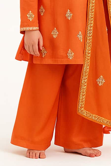 Buy Tiny Pants Orange Cotton Embroidery, Zari Kurta Palazzo Set Online at Aza Fashions Buy_Tiny Pants_Orange Cotton Embroidery, Zari Kurta Palazzo Set _Online_at_Aza_Fashions