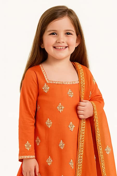 Shop Tiny Pants Orange Cotton Embroidery, Zari Kurta Palazzo Set Online at Aza Fashions Shop_Tiny Pants_Orange Cotton Embroidery, Zari Kurta Palazzo Set _Online_at_Aza_Fashions