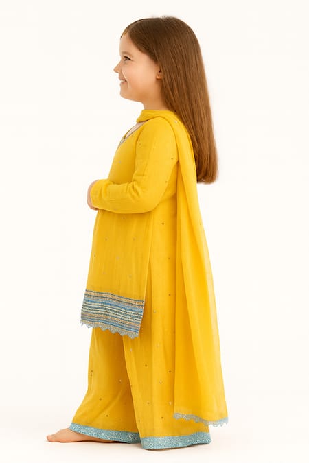 Tiny Pants_Mustard Cotton Sequins, Lace Yellow Embroidered Kurta Set _Online_at_Aza_Fashions