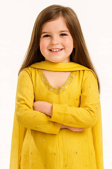 Buy_Tiny Pants_Mustard Cotton Sequins, Lace Yellow Embroidered Kurta Set _Online_at_Aza_Fashions