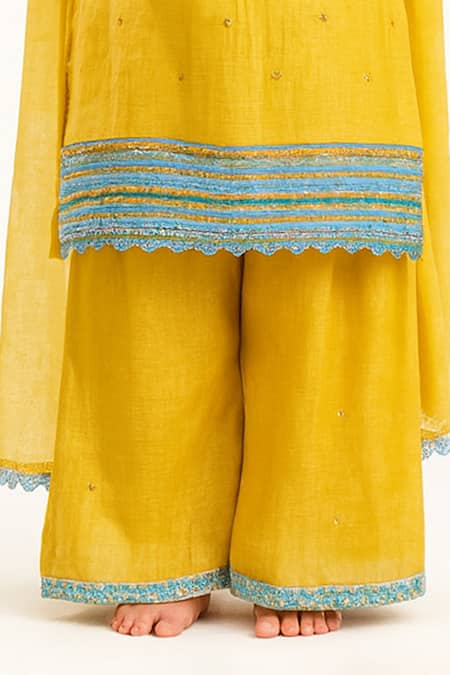 Shop_Tiny Pants_Mustard Cotton Sequins, Lace Yellow Embroidered Kurta Set _Online_at_Aza_Fashions