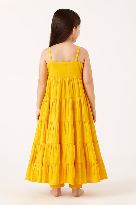 Shop Tiny Pants Mustard Georgette Embroidery Tiered Kurta Set at Aza Fashions Shop_Tiny Pants_Mustard Georgette Embroidery Tiered Kurta Set _at_Aza_Fashions