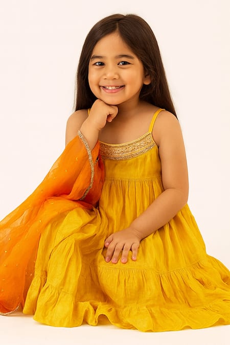 Tiny Pants Mustard Georgette Embroidery Tiered Kurta Set Online at Aza Fashions Tiny Pants_Mustard Georgette Embroidery Tiered Kurta Set _Online_at_Aza_Fashions