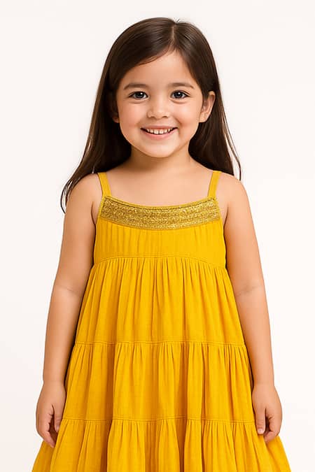 Buy Tiny Pants Mustard Georgette Embroidery Tiered Kurta Set Online at Aza Fashions Buy_Tiny Pants_Mustard Georgette Embroidery Tiered Kurta Set _Online_at_Aza_Fashions