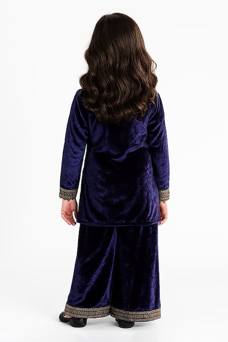 Shop Tiny Pants Navy Velvet Lace, Sequins, Embroidery Kurta Set at Aza Fashions Shop_Tiny Pants_Navy Velvet Lace, Sequins, Embroidery Kurta Set _at_Aza_Fashions