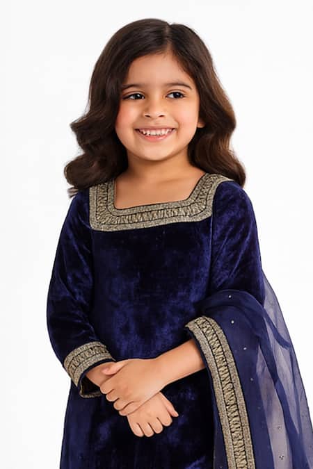Tiny Pants Navy Velvet Lace, Sequins, Embroidery Kurta Set Online at Aza Fashions Tiny Pants_Navy Velvet Lace, Sequins, Embroidery Kurta Set _Online_at_Aza_Fashions