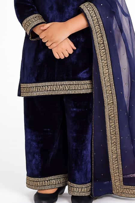 Shop Tiny Pants Navy Velvet Lace, Sequins, Embroidery Kurta Set Online at Aza Fashions Shop_Tiny Pants_Navy Velvet Lace, Sequins, Embroidery Kurta Set _Online_at_Aza_Fashions