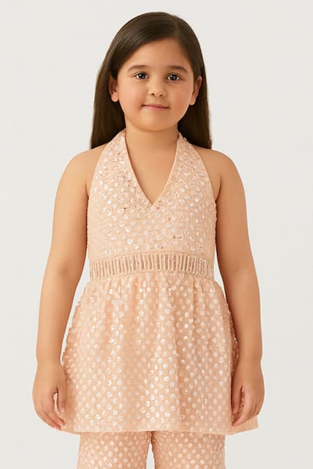 Tiny Pants_Peach Georgette Sequins Work Kurta With Sharara _Online_at_Aza_Fashions