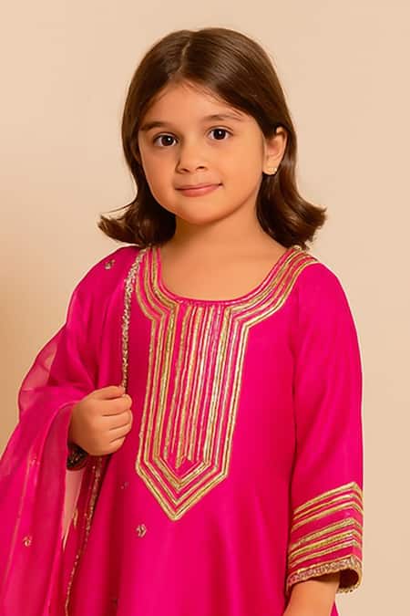 Tiny Pants Pink Cotton, Organza Zari, Embroidery Kurta Set Online at Aza Fashions Tiny Pants_Pink Cotton, Organza Zari, Embroidery Kurta Set _Online_at_Aza_Fashions
