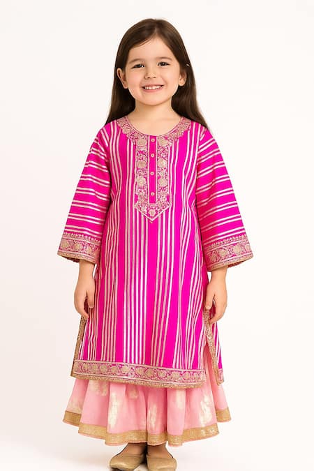Tiny Pants Pink Cotton Satin, Net Zari, Embroidery, Foil Stripe Pattern Kurta And Lehenga Set Online at Aza Fashions Tiny Pants_Pink Cotton Satin, Net Zari, Embroidery, Foil Stripe Pattern Kurta And Lehenga Set _Online_at_Aza_Fashions