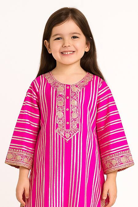 Buy Tiny Pants Pink Cotton Satin, Net Zari, Embroidery, Foil Stripe Pattern Kurta And Lehenga Set Online at Aza Fashions Buy_Tiny Pants_Pink Cotton Satin, Net Zari, Embroidery, Foil Stripe Pattern Kurta And Lehenga Set _Online_at_Aza_Fashions