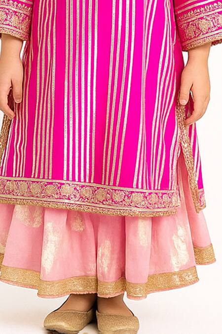 Shop Tiny Pants Pink Cotton Satin, Net Zari, Embroidery, Foil Stripe Pattern Kurta And Lehenga Set Online at Aza Fashions Shop_Tiny Pants_Pink Cotton Satin, Net Zari, Embroidery, Foil Stripe Pattern Kurta And Lehenga Set _Online_at_Aza_Fashions