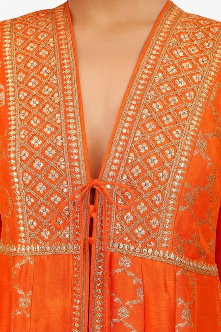 Tiny Pants_Orange Chanderi Zari, Tassels, Embroidery Anarkali With Sharara _Online_at_Aza_Fashions