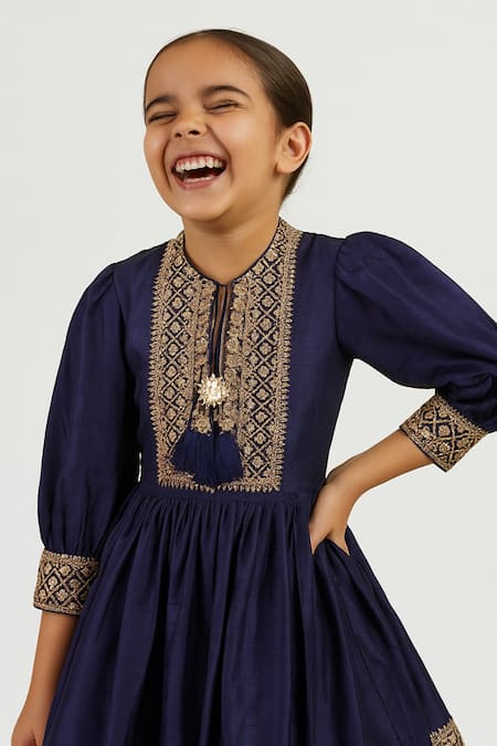 Tiny Pants_Navy Georgette Embroidery, Tassels, Zari Brocade Kurta With Sharara _Online_at_Aza_Fashions