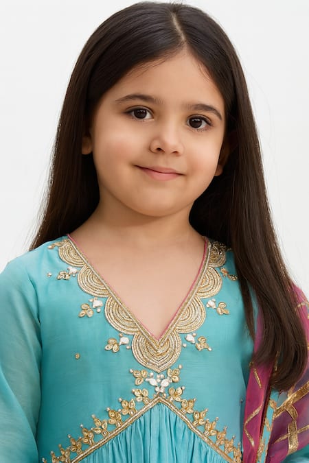 Tiny Pants_Aqua Chanderi Embroidery, Sequins, Gota Patti, Metallic Thread Kurta Set _Online_at_Aza_Fashions