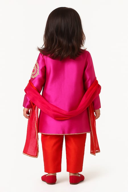 Shop_Tiny Pants_Pink Cotton Embroidery Kurta With Pant _at_Aza_Fashions