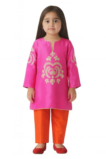 Tiny Pants Pink Cotton Embroidery Kurta With Pant 
