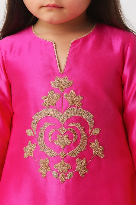 Tiny Pants_Pink Cotton Embroidery Kurta With Pant _Online_at_Aza_Fashions