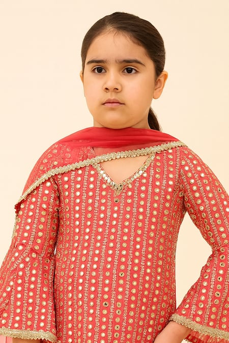 Tiny Pants_Red Georgette Mirrors, Gota Patti, Foil Printing Work Kurta Sharara Set _Online_at_Aza_Fashions