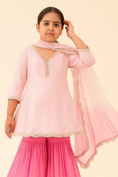 Tiny Pants_Pink Georgette Embroidery, Metallic Thread, Sequins, Peplum Kurta Sharara Set _Online_at_Aza_Fashions