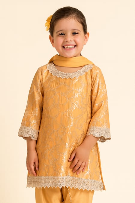 Tiny Pants_Mustard Chanderi Lace Woven Kurta Set _Online_at_Aza_Fashions