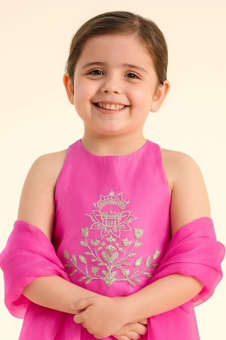 Tiny Pants_Pink Cotton Embroidery Kurta And Pant Set _Online_at_Aza_Fashions