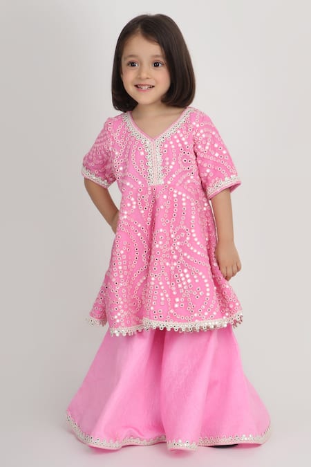 Tiny Pants_Pink Georgette Mirrors, Lace, Gota Patti Work Kurta With Sharara _Online_at_Aza_Fashions