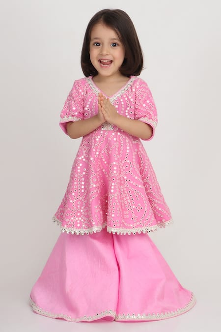 Shop_Tiny Pants_Pink Georgette Mirrors, Lace, Gota Patti Work Kurta With Sharara _Online_at_Aza_Fashions