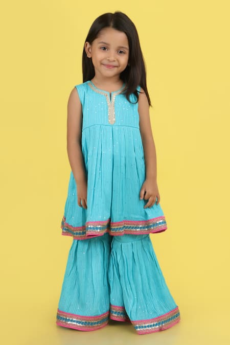Tiny Pants_Aqua Georgette Sequins, Lace Embroidered Kurta With Tiered Sharara _Online_at_Aza_Fashions