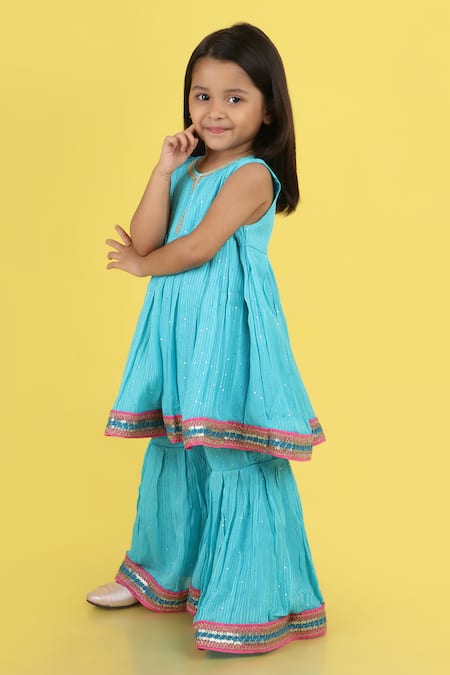 Buy_Tiny Pants_Aqua Georgette Sequins, Lace Embroidered Kurta With Tiered Sharara _Online_at_Aza_Fashions