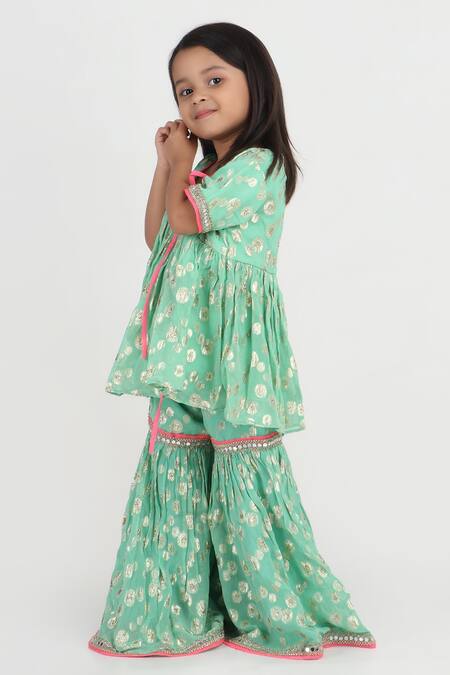Tiny Pants_Green Georgette Foil Printing, Lace, Mirrors Peplum Kurta With Sharara _Online_at_Aza_Fashions