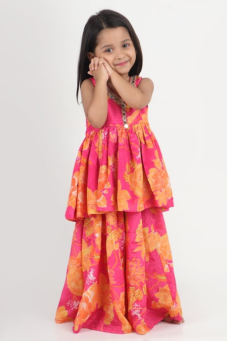 Tiny Pants_Pink Chinon Mirrors Printed Kurta And Sharara Set _Online_at_Aza_Fashions