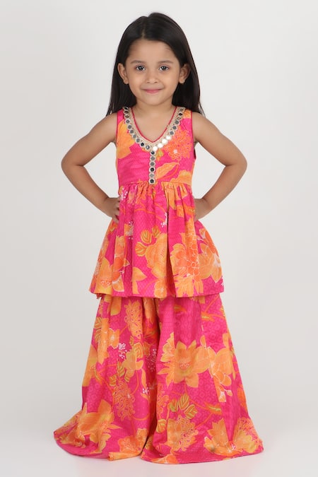 Shop_Tiny Pants_Pink Chinon Mirrors Printed Kurta And Sharara Set _Online_at_Aza_Fashions