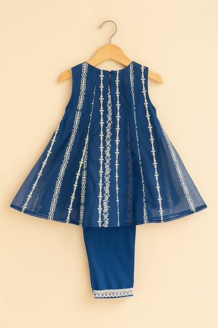 Buy_Tiny Pants_Blue Organza Embroidery Thread Kurta And Pant Set _Online_at_Aza_Fashions
