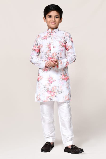 Shop_Petite Pomme_White Cotton Floral Printed Kurta And Pant Set _Online_at_Aza_Fashions