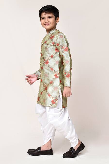 Shop_Petite Pomme_Green Jacquard, Silk Floral Kurta And Dhoti Pant Set _Online_at_Aza_Fashions