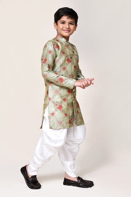 Petite Pomme_Green Jacquard, Silk Floral Kurta And Dhoti Pant Set _at_Aza_Fashions