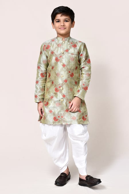 Buy_Petite Pomme_Green Jacquard, Silk Floral Kurta And Dhoti Pant Set 