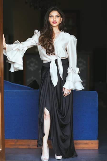 Jayanti Reddy Ruffled Button Down Tie Up Crop Shirt With A Cowl Skirt 