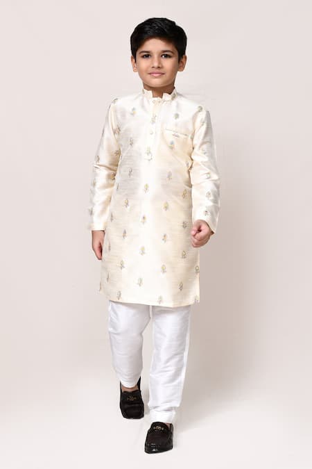 Buy_Petite Pomme_Cream Silk Embroidery, Sequins Thread And Kurta & Pant Set _Online_at_Aza_Fashions