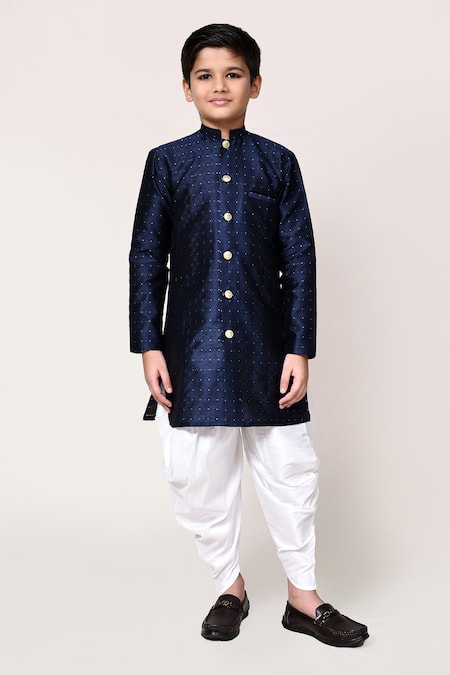 Petite Pomme_Navy Jacquard, Silk Kurta And Dhoti Pant Set _Online_at_Aza_Fashions