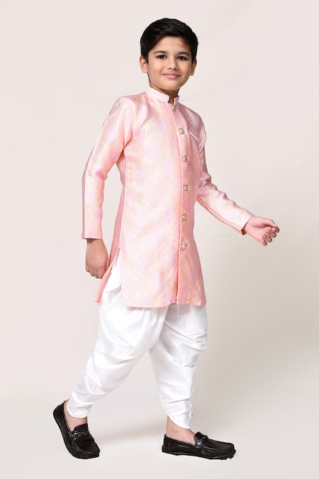 Petite Pomme_Pink Jacquard Kurta And Dhoti Pant Set _at_Aza_Fashions