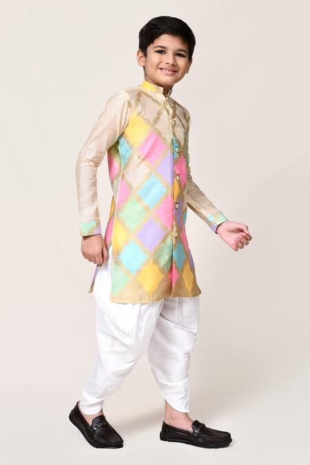 Petite Pomme_Beige Brocade, Silk Zari Geometric Kurta And Dhoti Pant Set _Online_at_Aza_Fashions