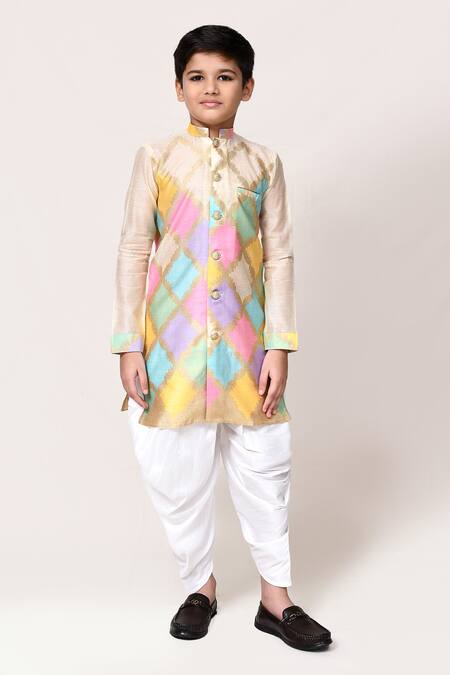 Buy_Petite Pomme_Beige Brocade, Silk Zari Geometric Kurta And Dhoti Pant Set _Online_at_Aza_Fashions
