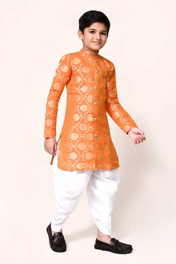 Buy_Petite Pomme_Orange Jacquard Kurta And Dhoti Pant Set _Online_at_Aza_Fashions