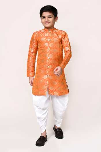 Shop_Petite Pomme_Orange Jacquard Kurta And Dhoti Pant Set _Online_at_Aza_Fashions